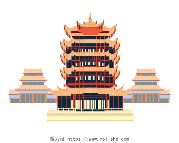彩色国潮中国风湖北武汉黄鹤楼建筑元素PNG元素